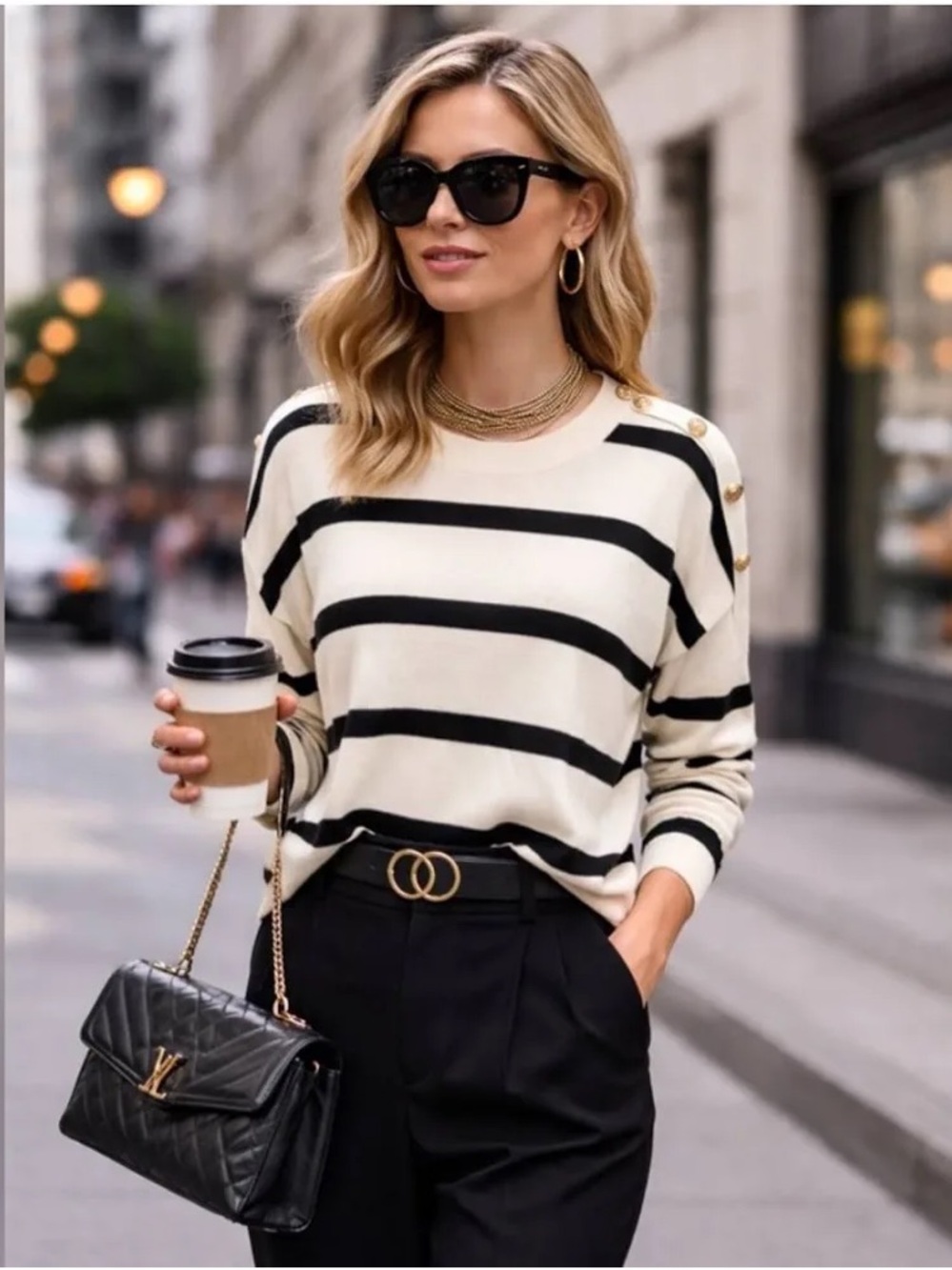 Cyrus Striped Crewneck Sweater in Cream & Black with Gold Buttons